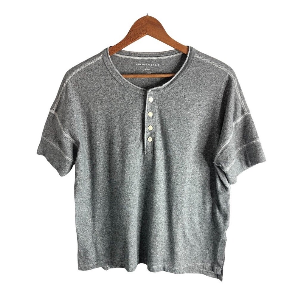 American Eagle Grey Short Sleeve Relaxed Buttoned T-shirt
